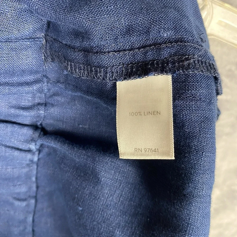 J JILL Pure 100% Linen Pull On Pants Cropped Blue Ankle Toggle Large Coastal